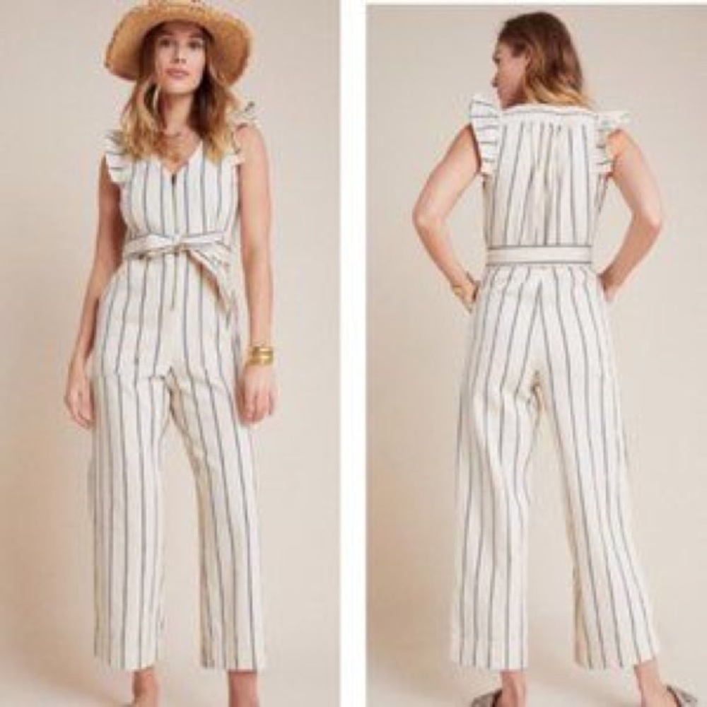 NWT Anthropologie Cream & Blue Striped Jumpsuit Size 4P - Picture 2 of 11